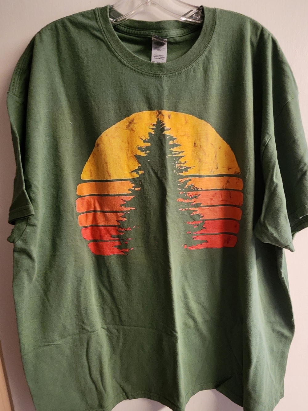 Gildan Olive Green Short-Sleeve Tee with Sunset Tree Graphic